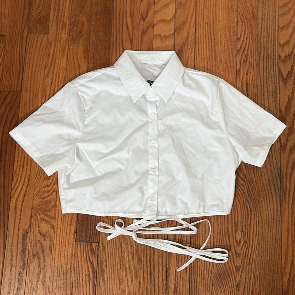 remidoo women's casual short‎ sleeve button down tie up top white Size Large NWT